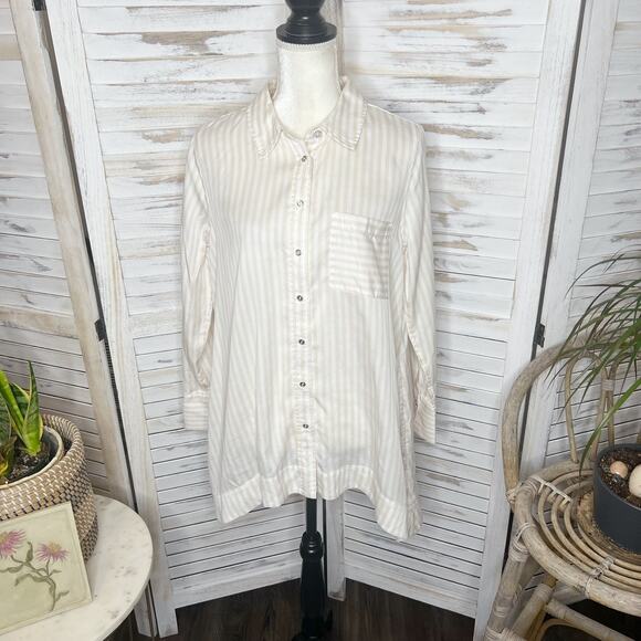 SOFT SURROUNDINGS Women's Med Lorimer Tencel Striped Button Front Tunic Top Tan - Picture 13 of 14